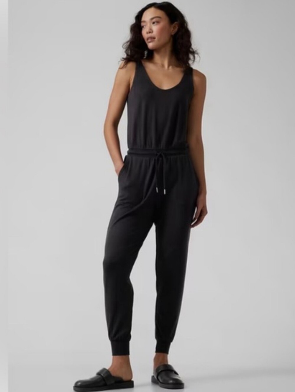 Athleta Crossback Black Sleeveless Drawstring Athleisure Jumpsuit Women Size 12